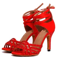 

Spot Hot sale Ladies Latin Dance Shoes High Heels Salsa Dancing Red Satin Rhinestone Style Shoes Heel 10cm