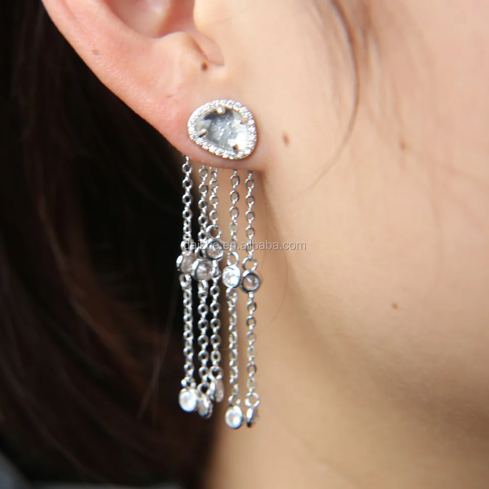 

2018 wholesale factory price oval cz stone paved with cz bezel station chain dangle tassel long chain earring for women wedding