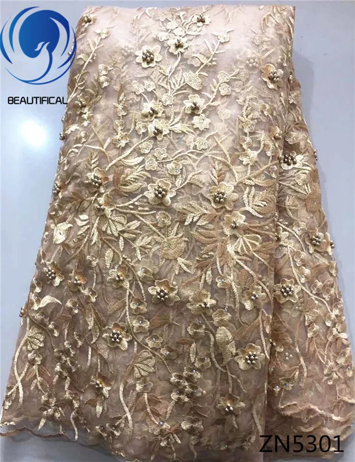 

Beautifical Exquisite Embroidery french net lace beaded fabric High quality nigerian tulle lace fabric 5yards ZN53, Gold