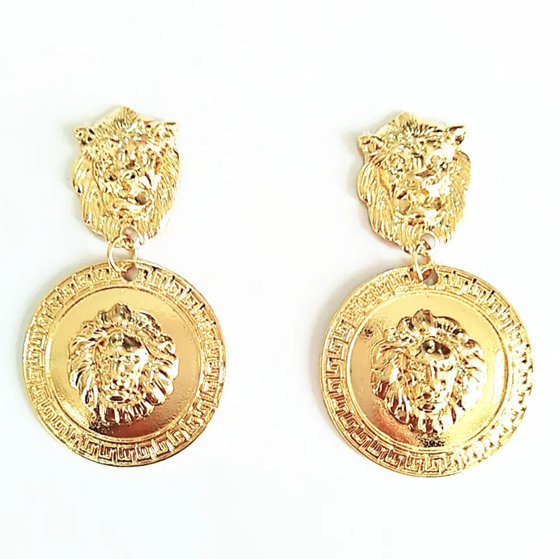 

Fashion Metallic Design Gold Plating Zinc Alloy Lion Pattern Coin Drop Earrings For Woman