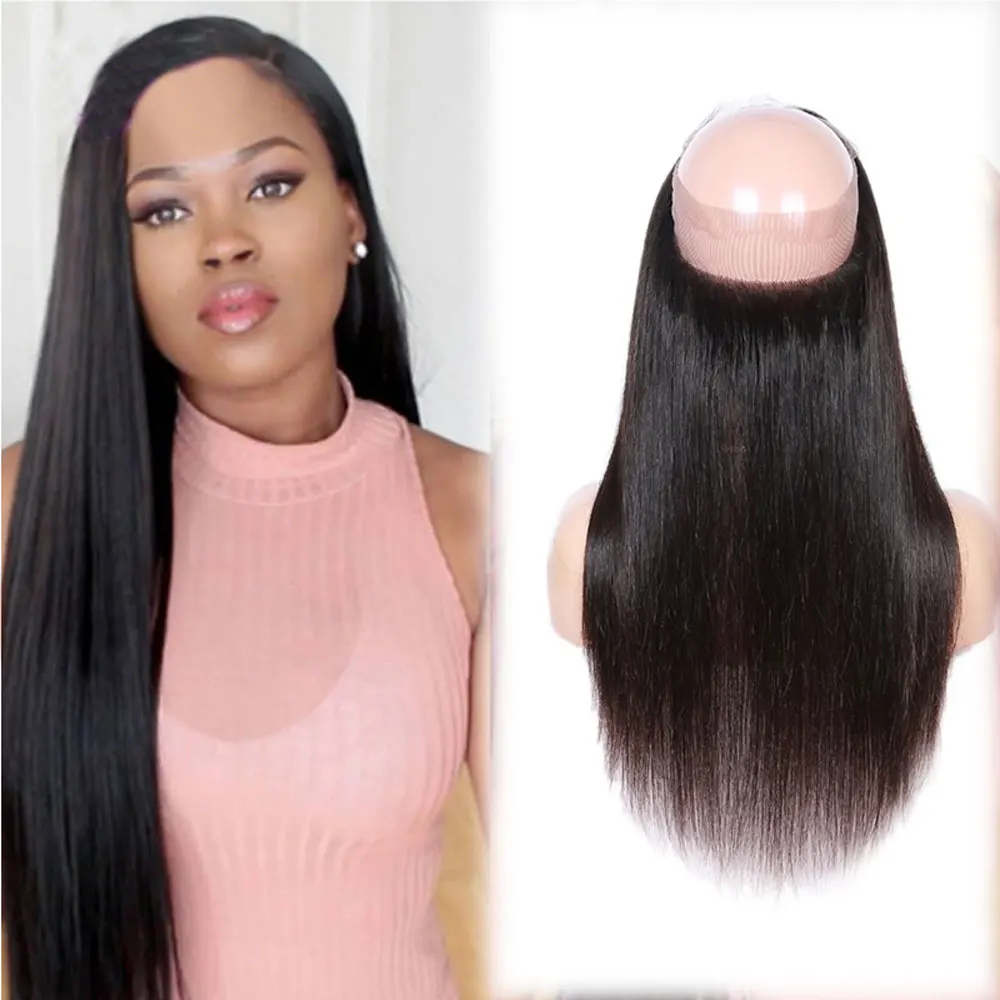 

Free Part Brazilian Virgin Hair Straight 360 Lace Frontal Closures With Baby Hair 360 Lace Frontal, #1b natural color