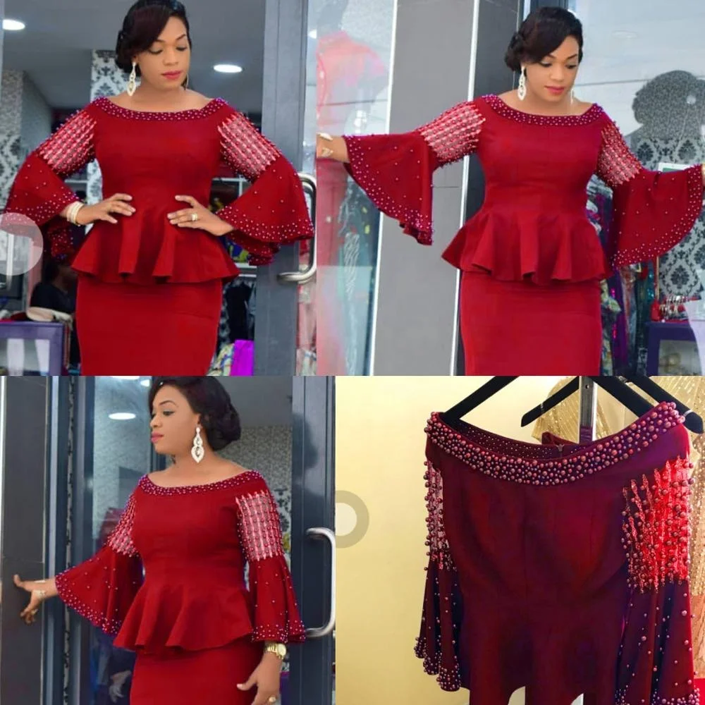 

Africa style Two pieces dress sets cheap 2018 latest ladies office long sleeve beaded sequin dress in large size, Dark pink;black;red;navy;purple