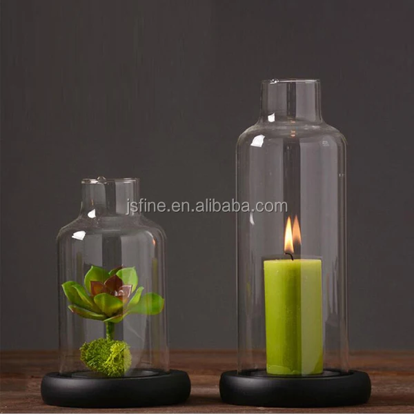 手工吹制黑色木制底座耐热透明玻璃烛盖支架 Buy Replacement Glass Candle Holder,Clear Glass