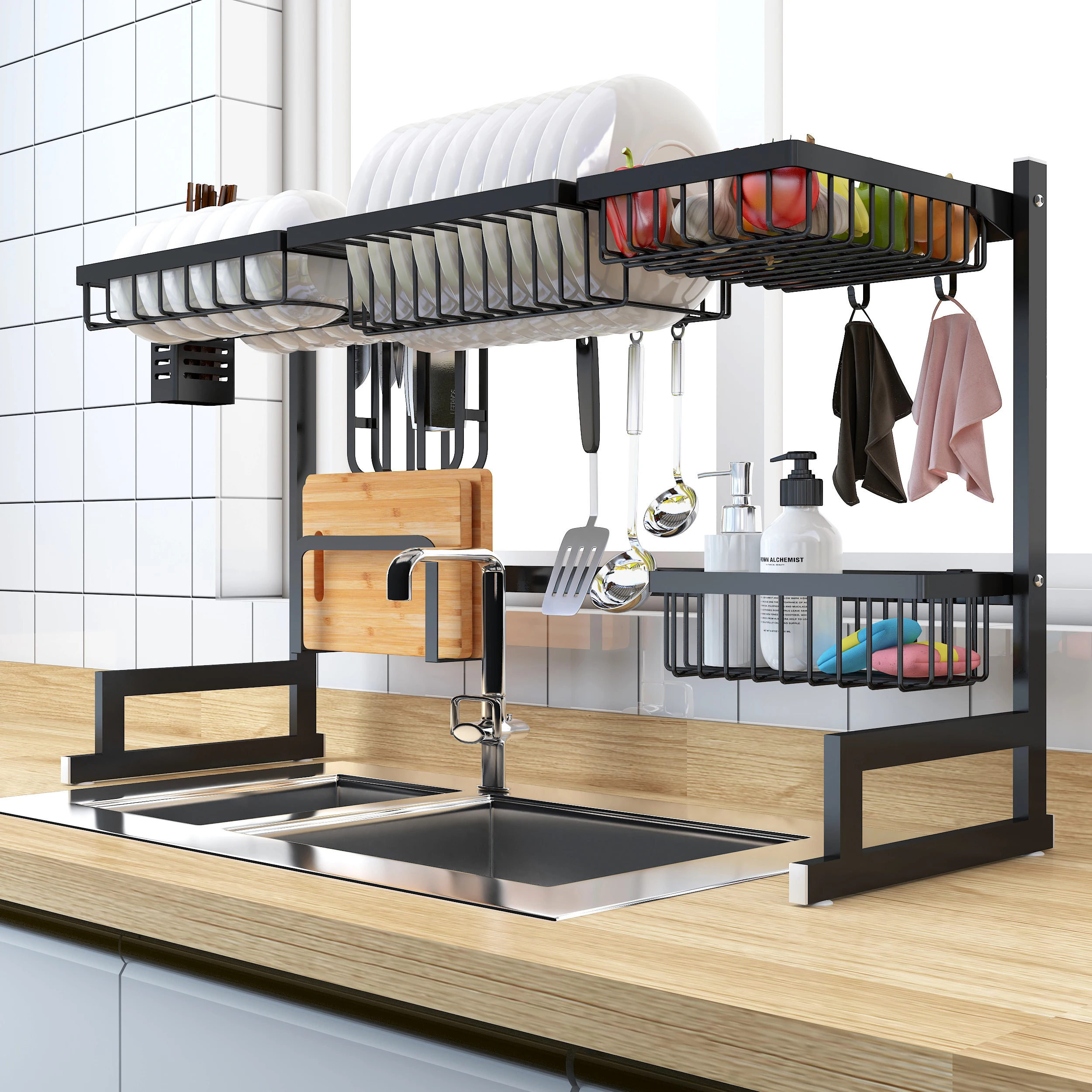 
2019 New Black Storage Rack Dish Drainer Rack Stainless Steel Kitchen Drainer Rack 