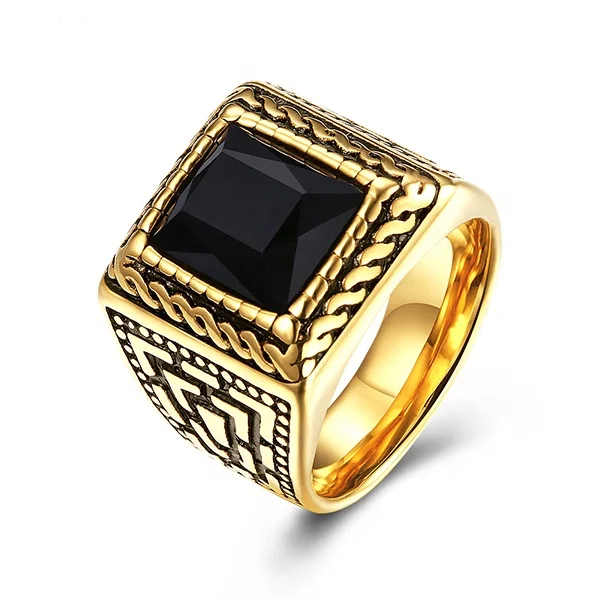 

Wholesale 18K Gold Plated Black Agate Stainless Steel Casting Ring For Men Jewelry, As picture