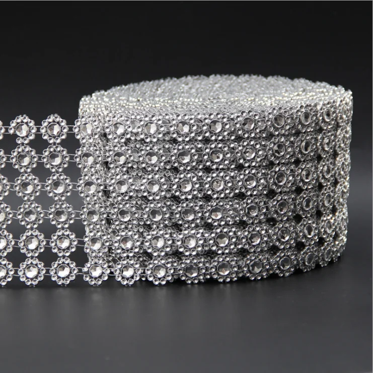 6rows x 10yards Daisy Flower Diamond Mesh Bling Crystal Ribbon Wrap Trim Wedding Cake Candle Rhinestone Mesh