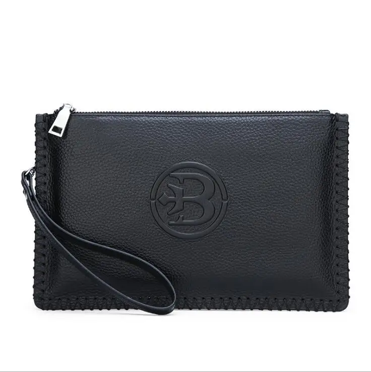 

Classic Men's Black Slim Genuine Leather Clutch Bag With Wristlet