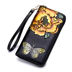 Fashion custom long zipper purses genuine leather wallet with RFID blocking card holder for women
