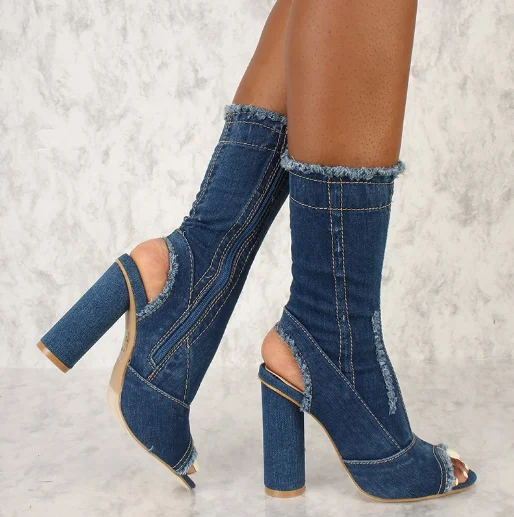 

Sexy Dark blue jean shoes Denim Distressed Peep Toe Chunky Heel Booties
