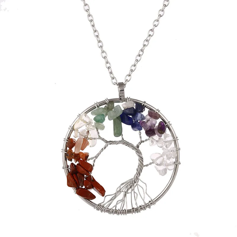 

7 Chakara Life Tree Pendant Necklace Natural Stone Gravel Circle Love Shape Life Tree Necklace, Picture