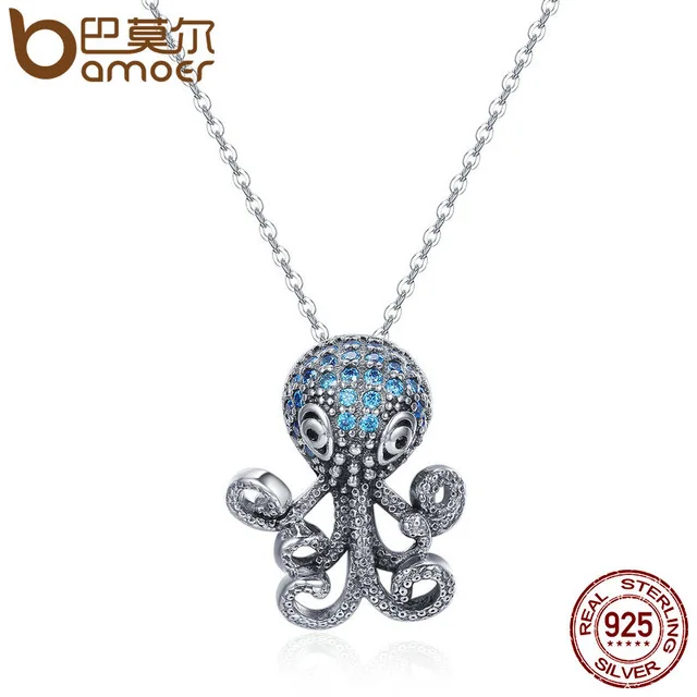 

BAMOER SCN166 100% 925 Sterling Silver Fancy Octopus Marine Animal Clear CZ Pendant Necklace Vintage Punk Style Silver Jewelry