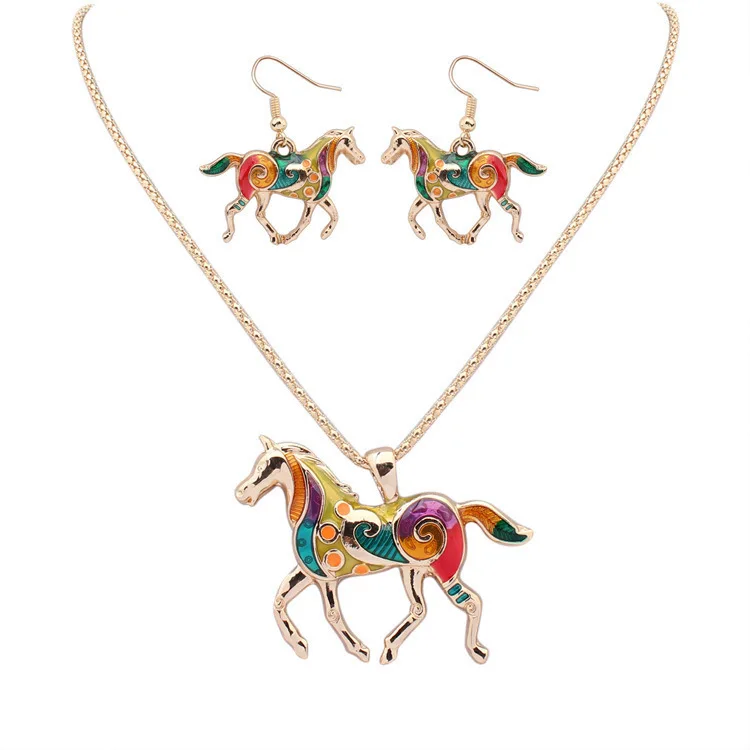 

Gold Silver Alloy Enamel Jewellery Gift For Family Colorful Horse Shaped Wholesale Chain Pendant Necklace And Earrings Set, Silver gold