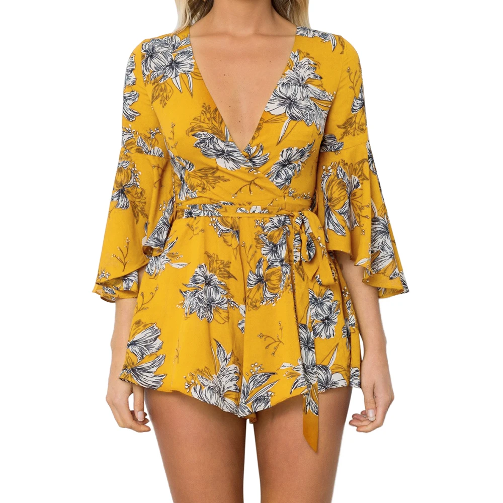 

Yellow Flower Flare Sleeve Sexy Clubwear Rompers Women Jumpsuit, N/a