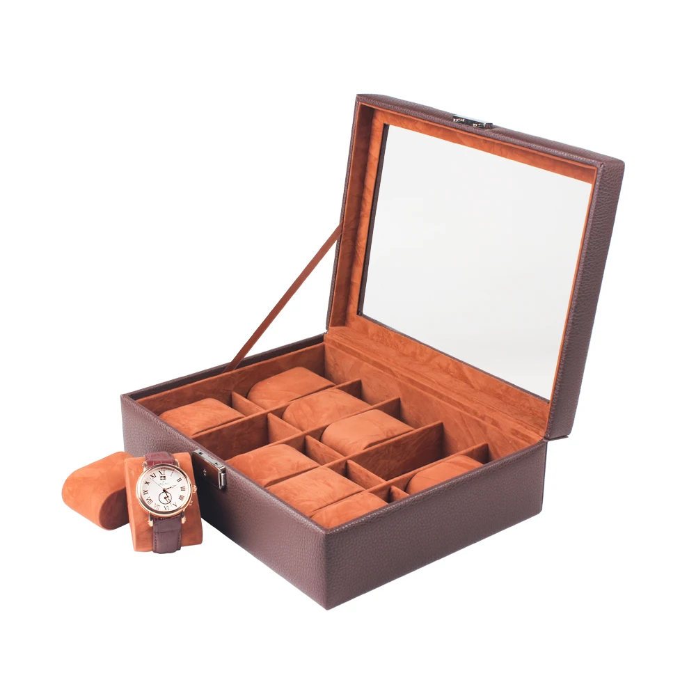 

Luxury 10 Slots Leather Watch Storage Box With Window Watch Display Packing Box, Brown