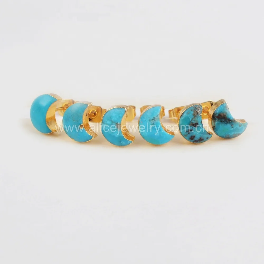 

G1225 Natural stones turquoise jewelry, gold moon earrings crescent, Green