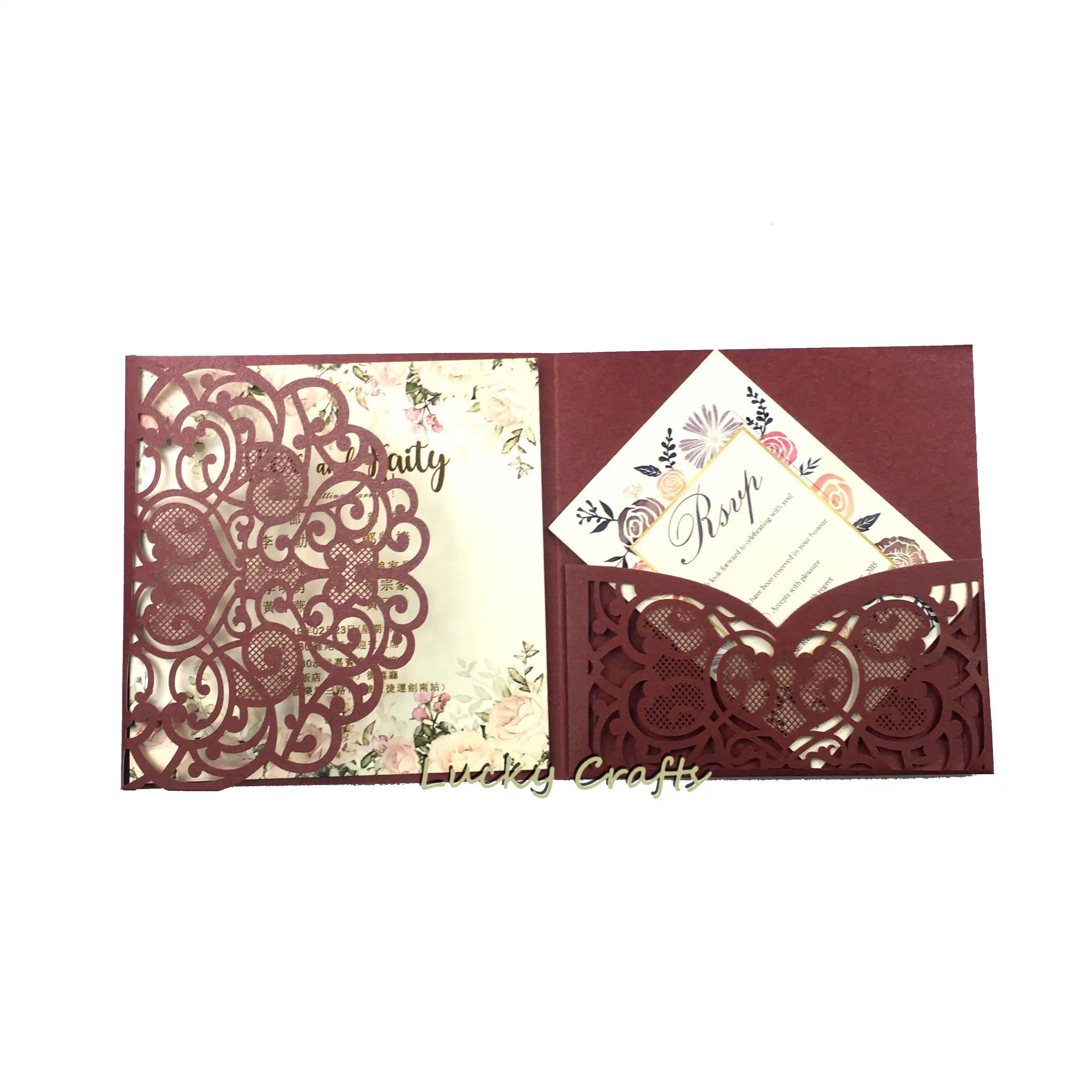 

Laser Cut lace pearl burgundy 5x7 Wedding Invitations card Square trifold Cards Greeting Gift Pocket fold invite cover for party