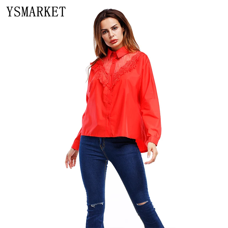 

Women Deep V-Neck Sexy Perspective Turn-down Collar Long Sleeve Loose Shirt A1133, N/a