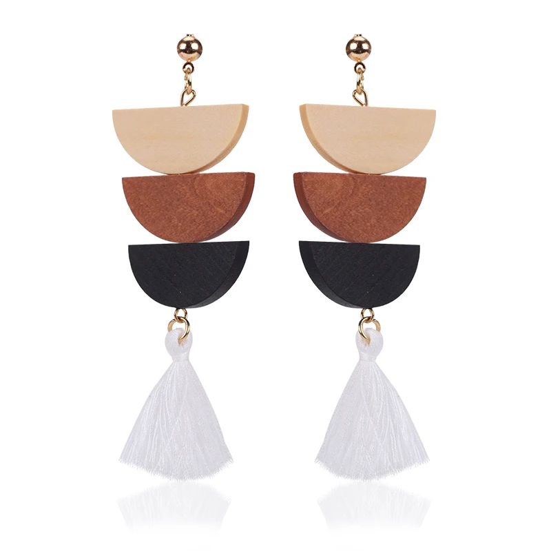 

wholesale new fashion triple layered semicircle wood tassel long post stud earrings for women teens girls