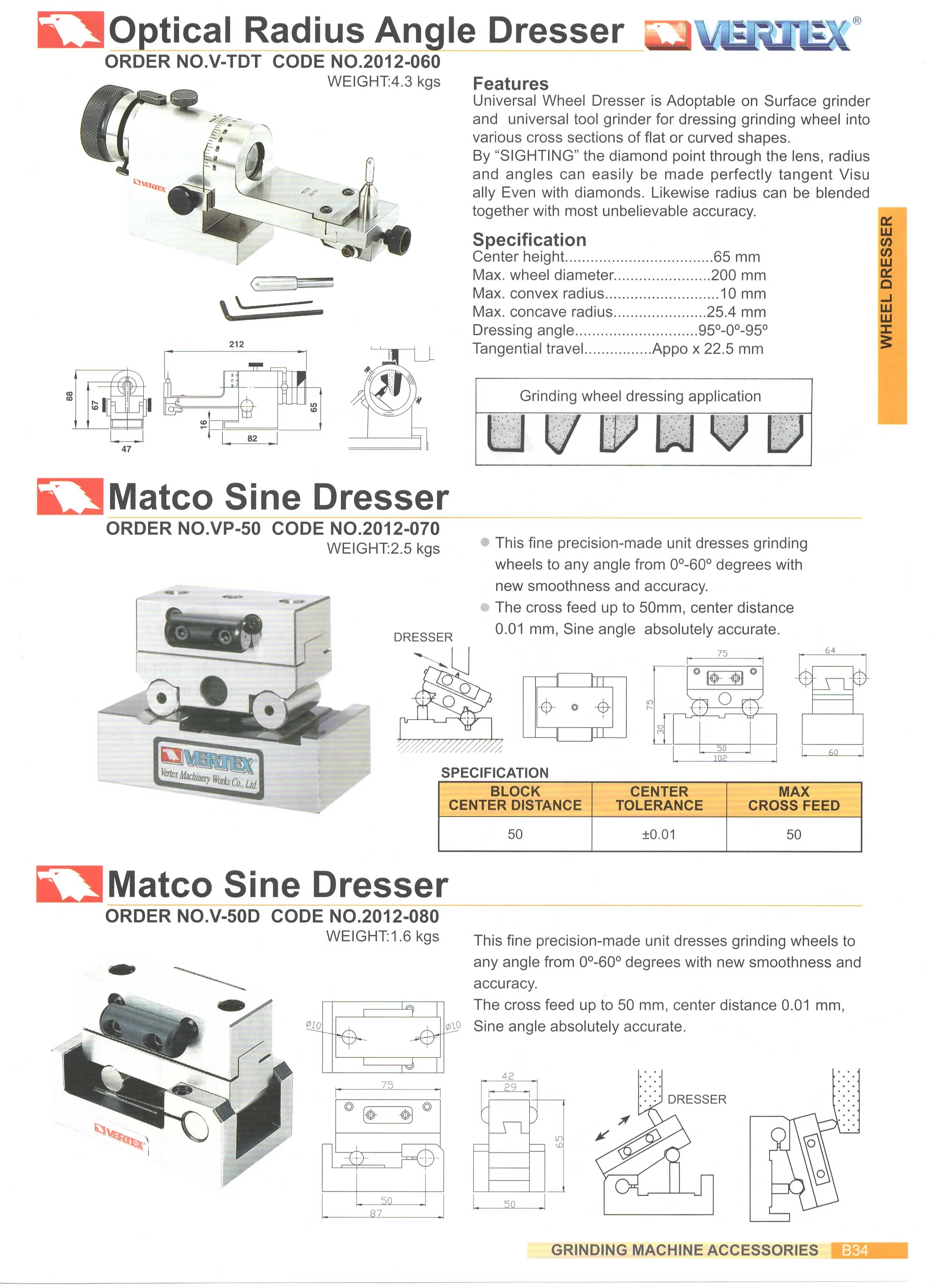 Vertex Optical Radius Angle Dresser For Grinding Machine Vtdt Radius