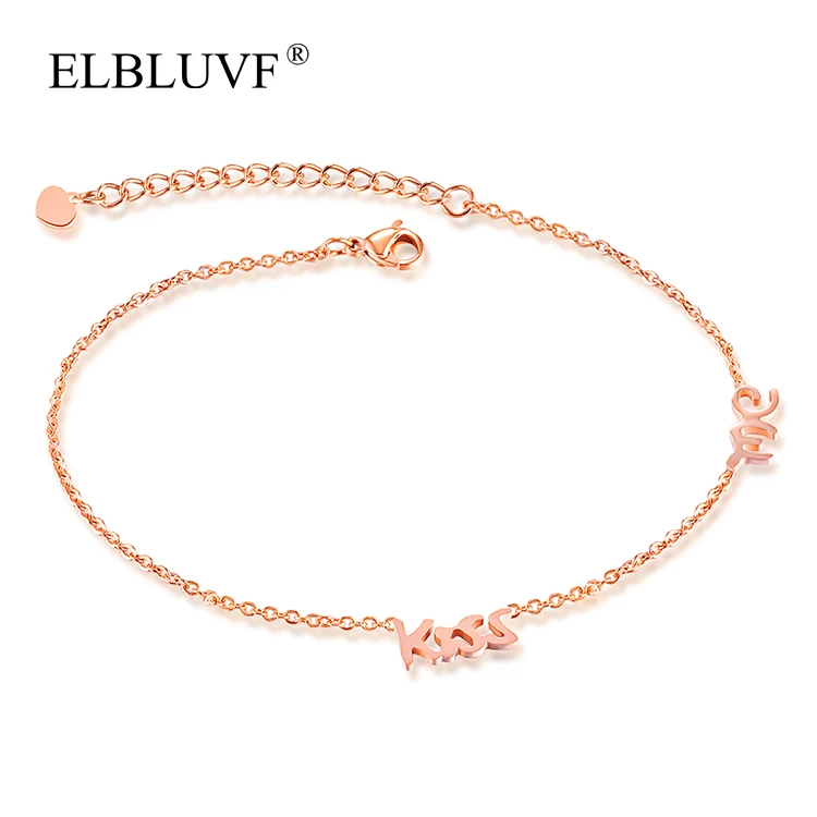 

ELBLUVF Free Shipping Stainless Steel Jewelry Rose Gold Plated Kiss Me Shape Pendant Anklet Small Chain