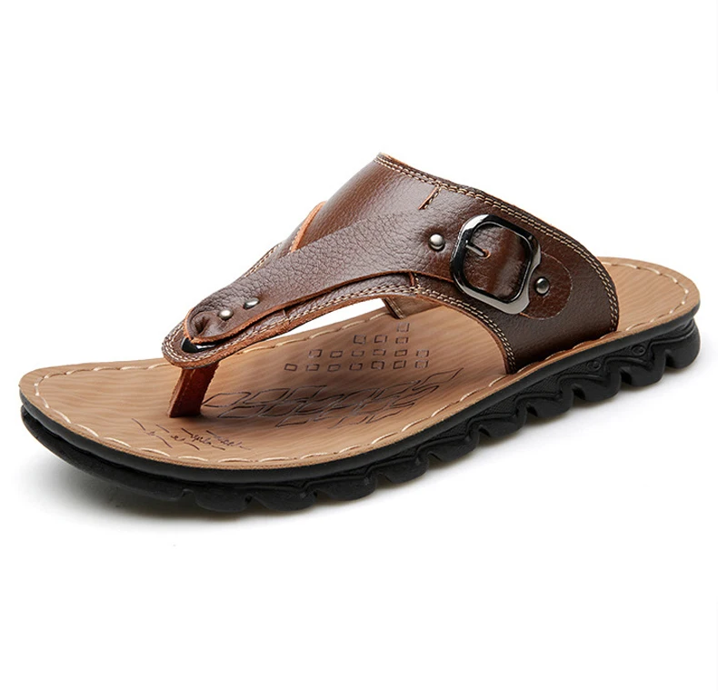 

Men's genuine leather sandals men sliders slippers, Brown/dk-brown