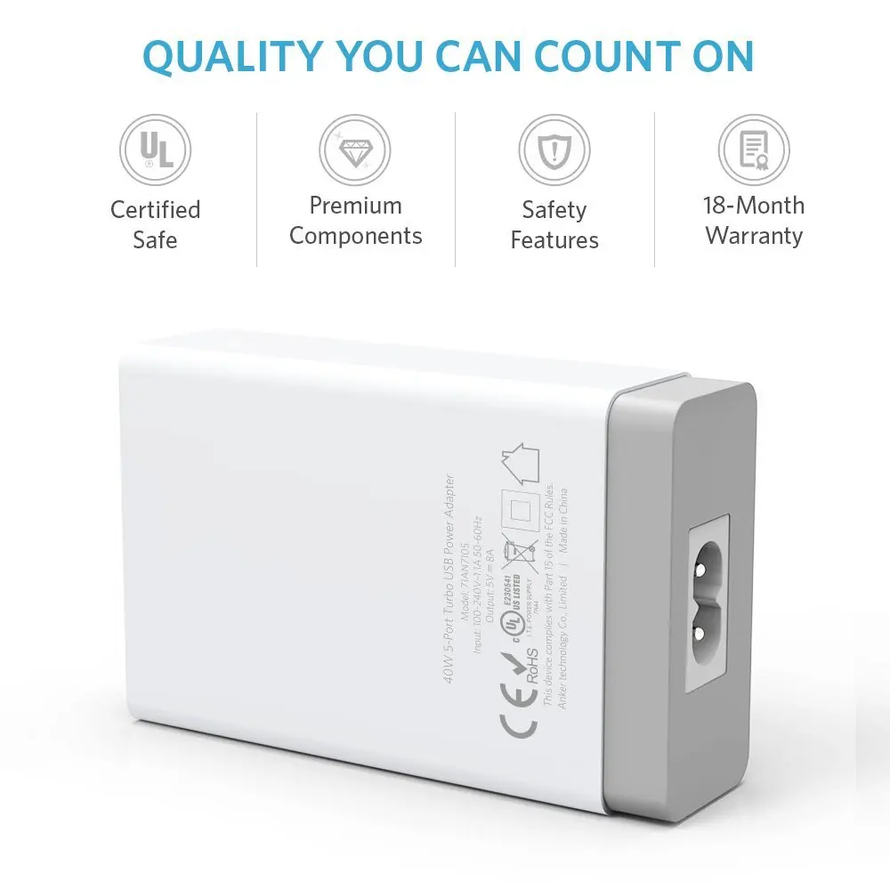 Intelligent Chip Full 8A 5 Ports Multi Usb Charger Desktop Universal Fast Charger 40W/8A