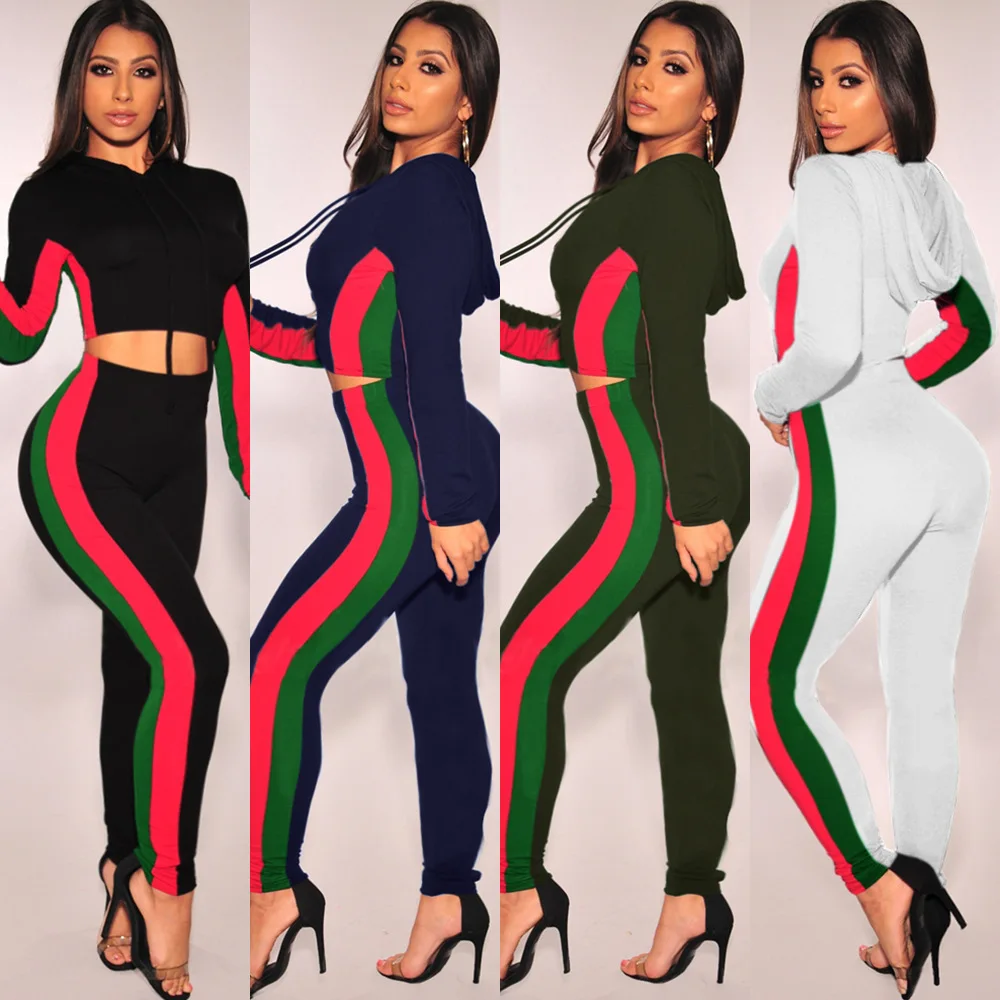 

FM-K8677 OEM Women Tape Side Stripe Crop Top Pants Set Sport Two Piece Clothing
