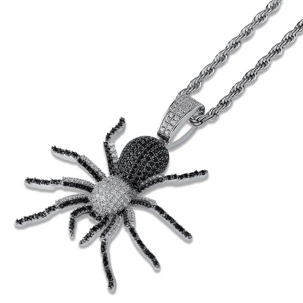 

New Iced Out CZ Spider Pendant Necklace Mens Micro Paved Hip Hop Gold Silver Color Bling Charm Pendant Necklace, Gold/silver/black