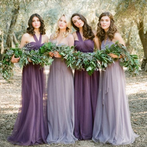 

ZH0812E Fairy Style Convertible Bridesmaid Dresses Purple Tulle Halter Strapless Floor Length A Line Wedding Guest Prom Dress, Dark purple/light purple/champagne
