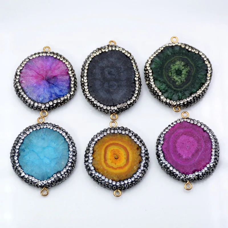 

Solar Quartz connector round Rainbow druzy Vintage Jewelry rhinestone paved Chakra Pendant sun flower agate link charms