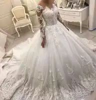 

Elegant Appliqued Lace Illusion Long Sleeve V-Neck Ball Gown Wedding Dresses Bridal Gowns 2019