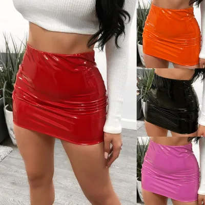 

2019 New Arrival Womens Sexy High Waist Fau Leather Tight Mini Skirt 4 Color