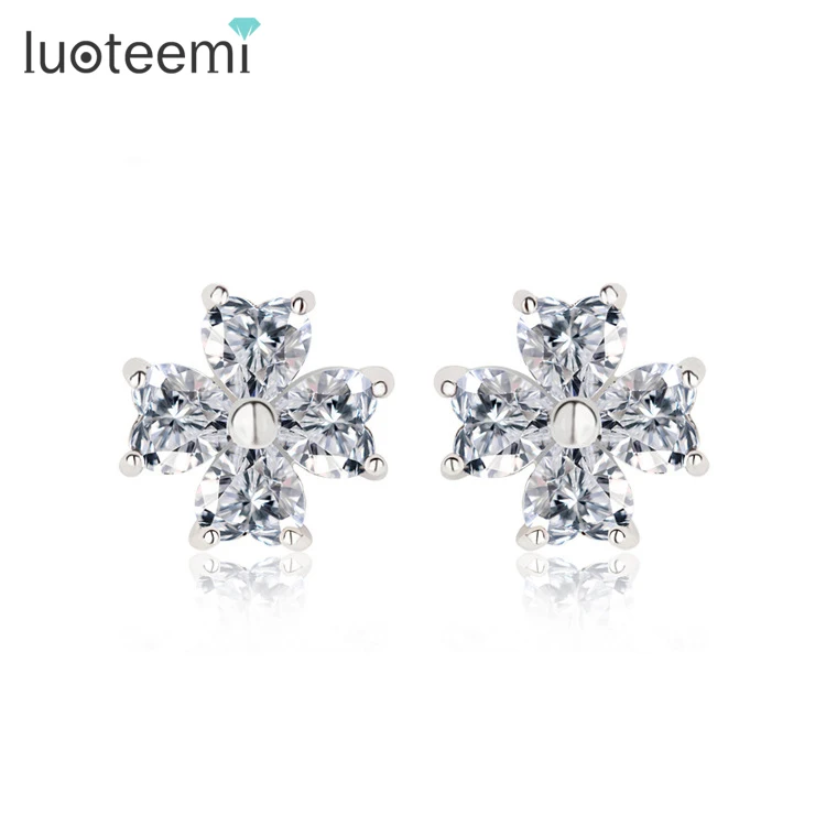 

LUOTEEMI Jewelry Factory JINSE Brand Wholesale AAA Heart Shape Zircon Diamond Lovely Four Leaf Clover Stud Earrings