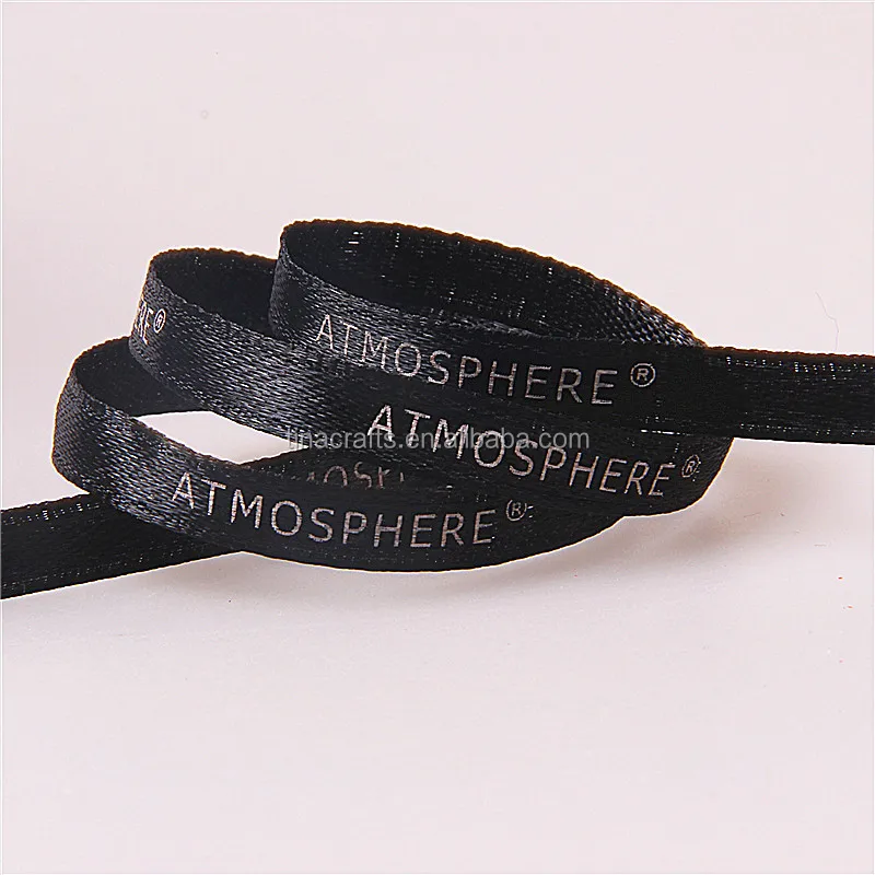 7mm black polyester satin ribbon with white logo printed