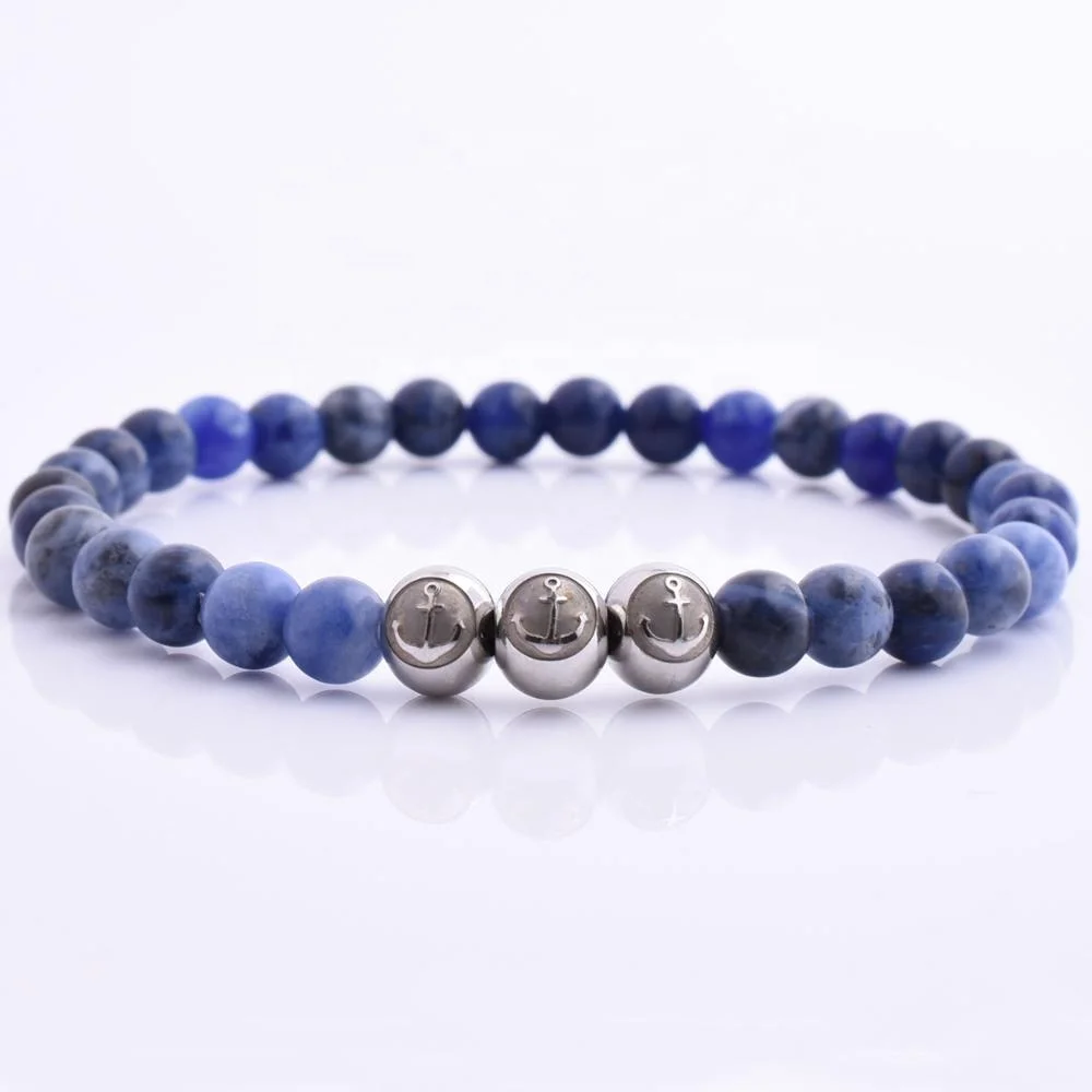 

316L Stainless Steel Natural Gemstone Silver Anchor Logo Beads Bracelet