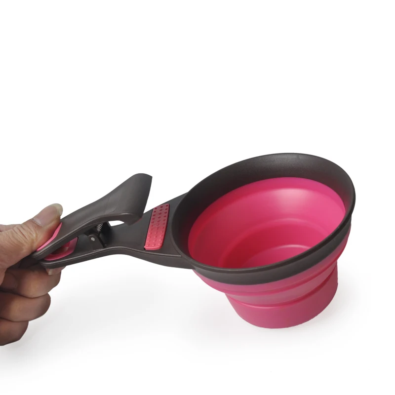 

Factory food grade Silicone Collapsible Pet Food Scoop with Clip, Pink