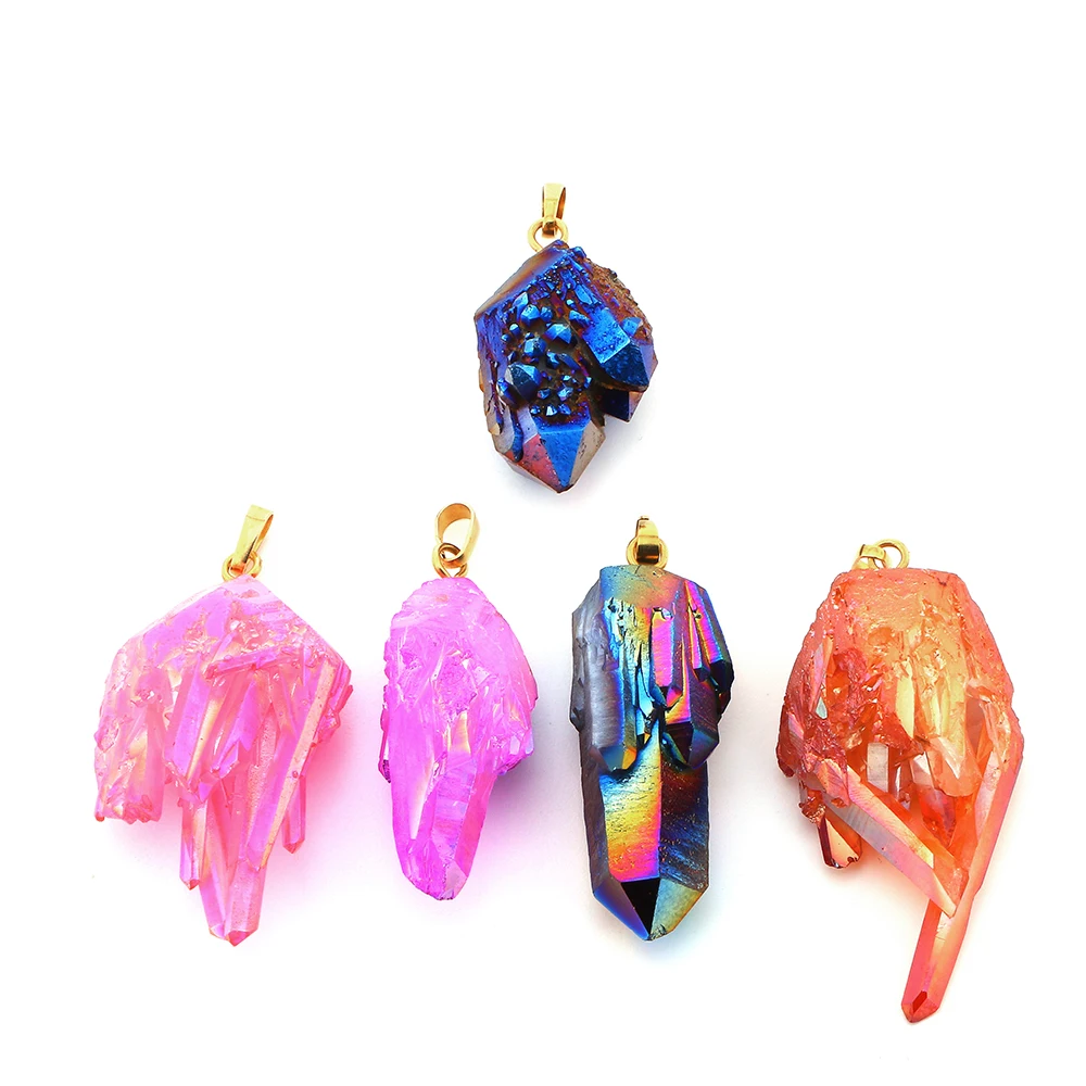 

Wholesale fashion 24k gold plated vacuum necklace druzy bead stone custom quartz crystal charms pendants for jewelry making, Colors