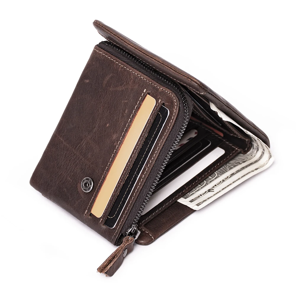 

Hot Selling ODM Men Wallet China Wholesale Crazy Horse Leather Male Vintage Fashion Wallets with Zipper Coin Pocket, Coffee