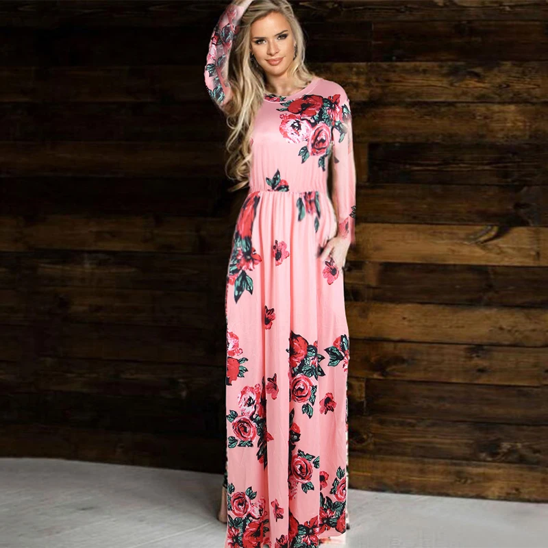 

In stock wholesale long floral casual dress for women, Black;white casual dress