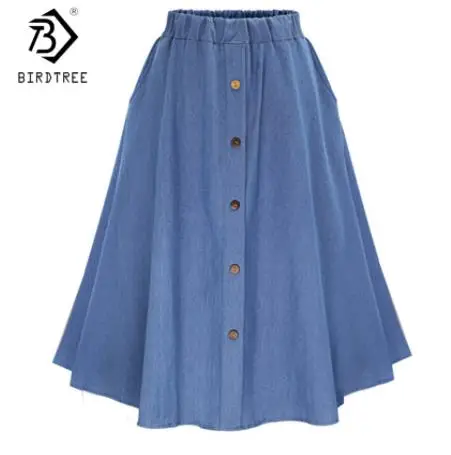 

New Arrival Denim Women Solid Color Long Skirt Nature Waist Female Big Hem Casual Button Jean Skirt B92505R, Dark blue/light blue