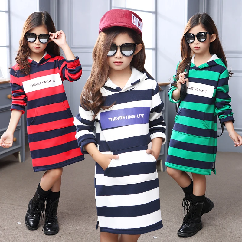
Girls soft fabric printed stripes with hood thick casual winter hoodie 