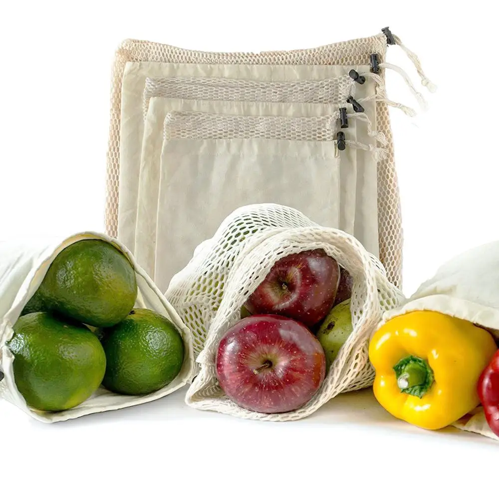 

Eco friendly Reusable organic cotton mesh produce bag with drawstring for grocery shopping fruit vegetable potato gift, Natural