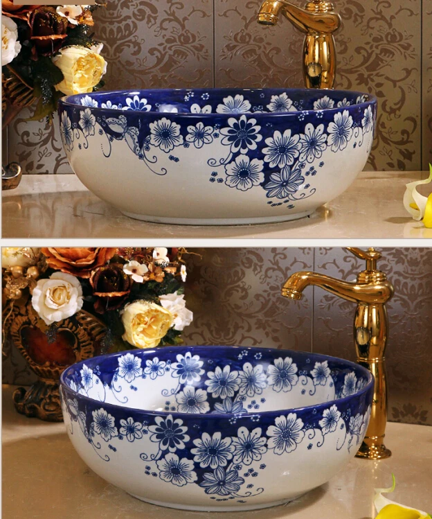 Antique bule and white wash basin hand basin