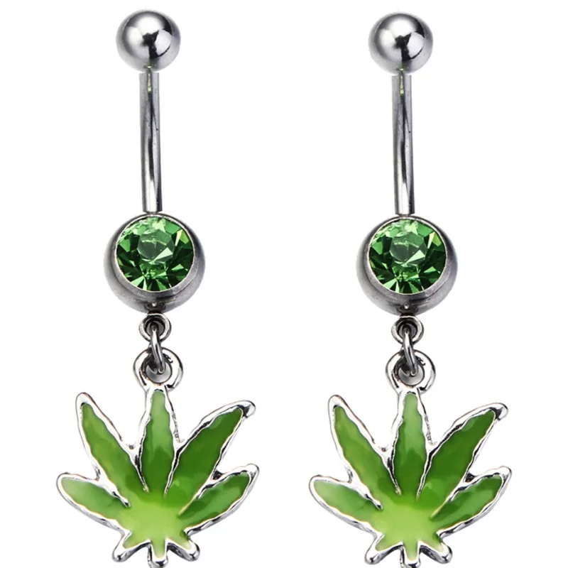 

VRIUA Titanium Steel Green Maple Leaf Pendants Dangle Zircon Inlay Navel Belly Button Piercing individuality Body Jewelry