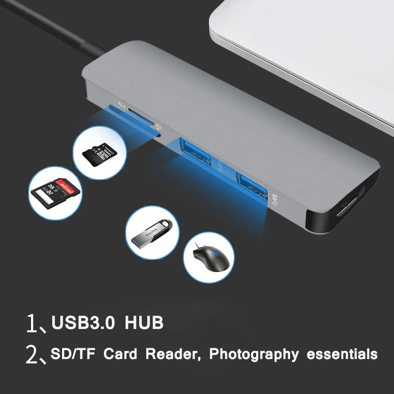 type c hub adapter 5 In 1 USB Hub with TF/SD+UHD:4k@30Hz/USB3.0 For MacBook Pro