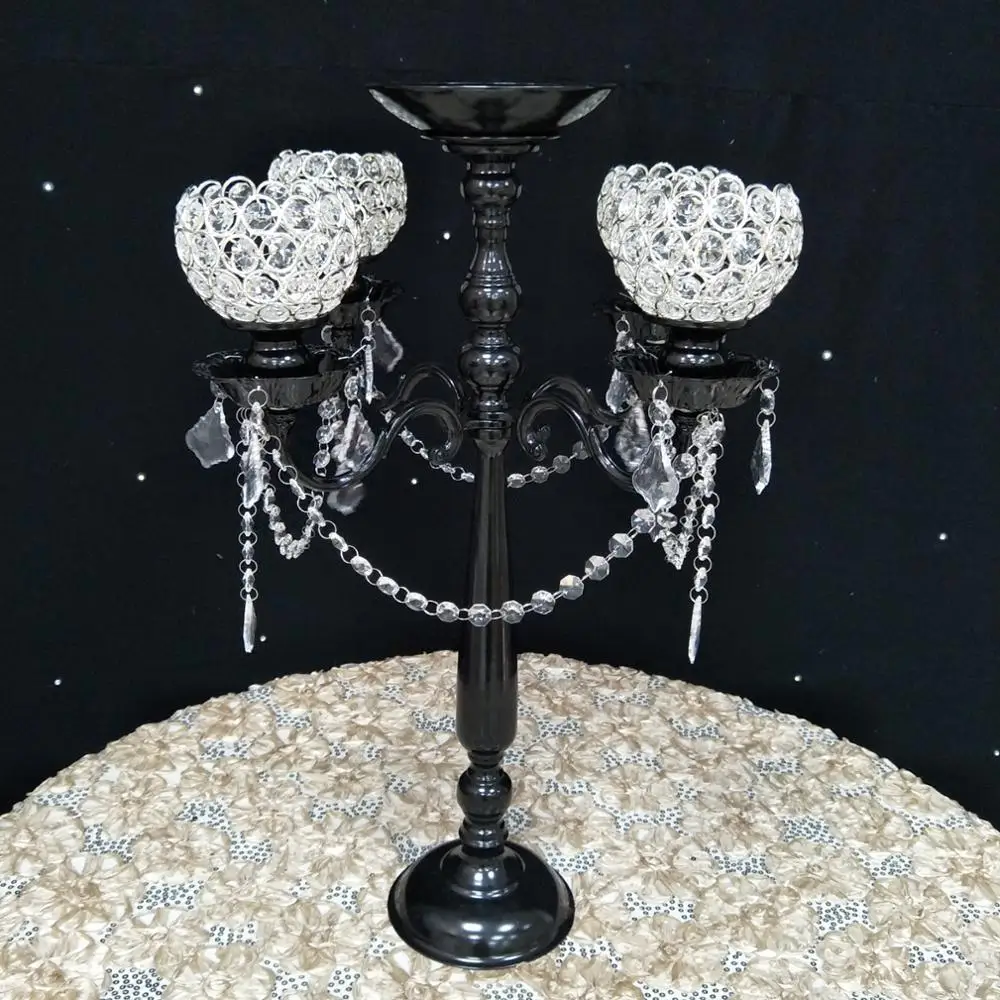 Cheap 5 Arms Crystal Candelabra Black Metal Candle Holder With Flower