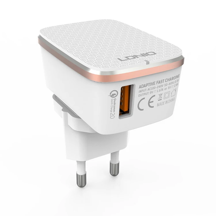 

LDNIO Quick Charging QC 3.0 USB Wall Charger, White with gold/ rose gold rim