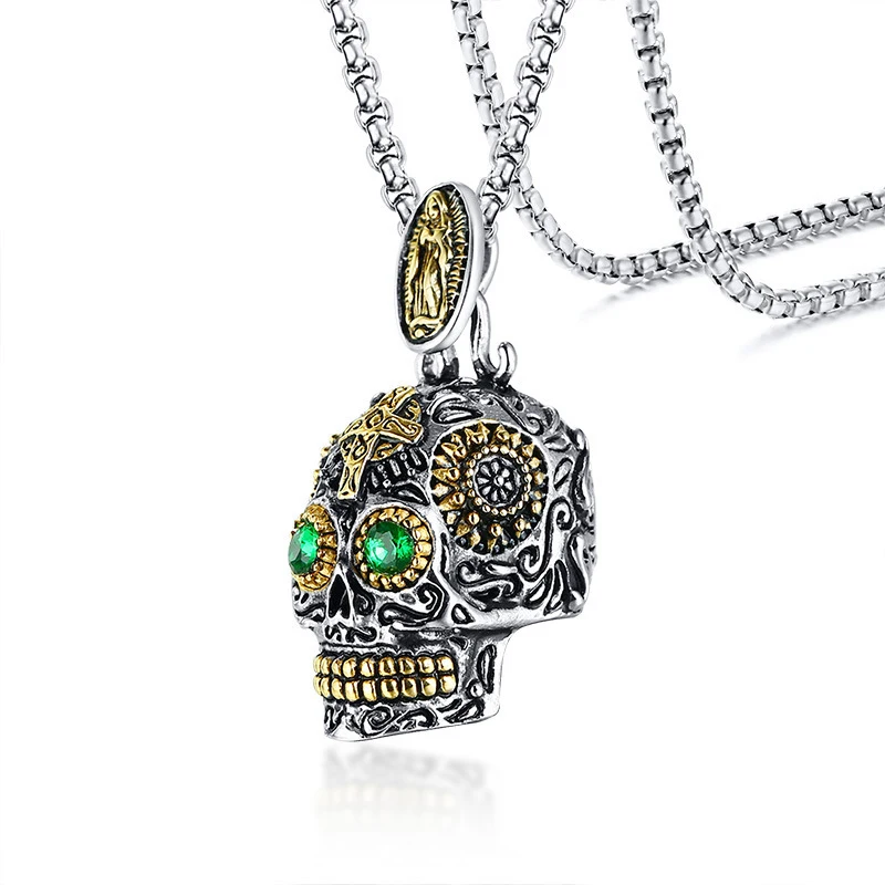 

New stainless steel men's punk green stone eye skull necklace