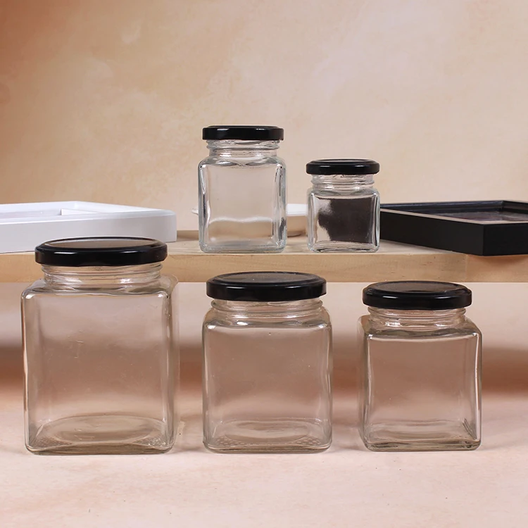 100ml 200ml Glass Food Honey Jar Glass Jam Jar Square Glass Bottle with Tinplate Cap Lid