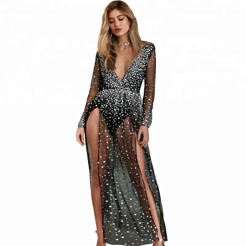 

Guangzhou Women Clothes Deep V Transparent Sexy Night Dress For Girls Lady Frock Dress
